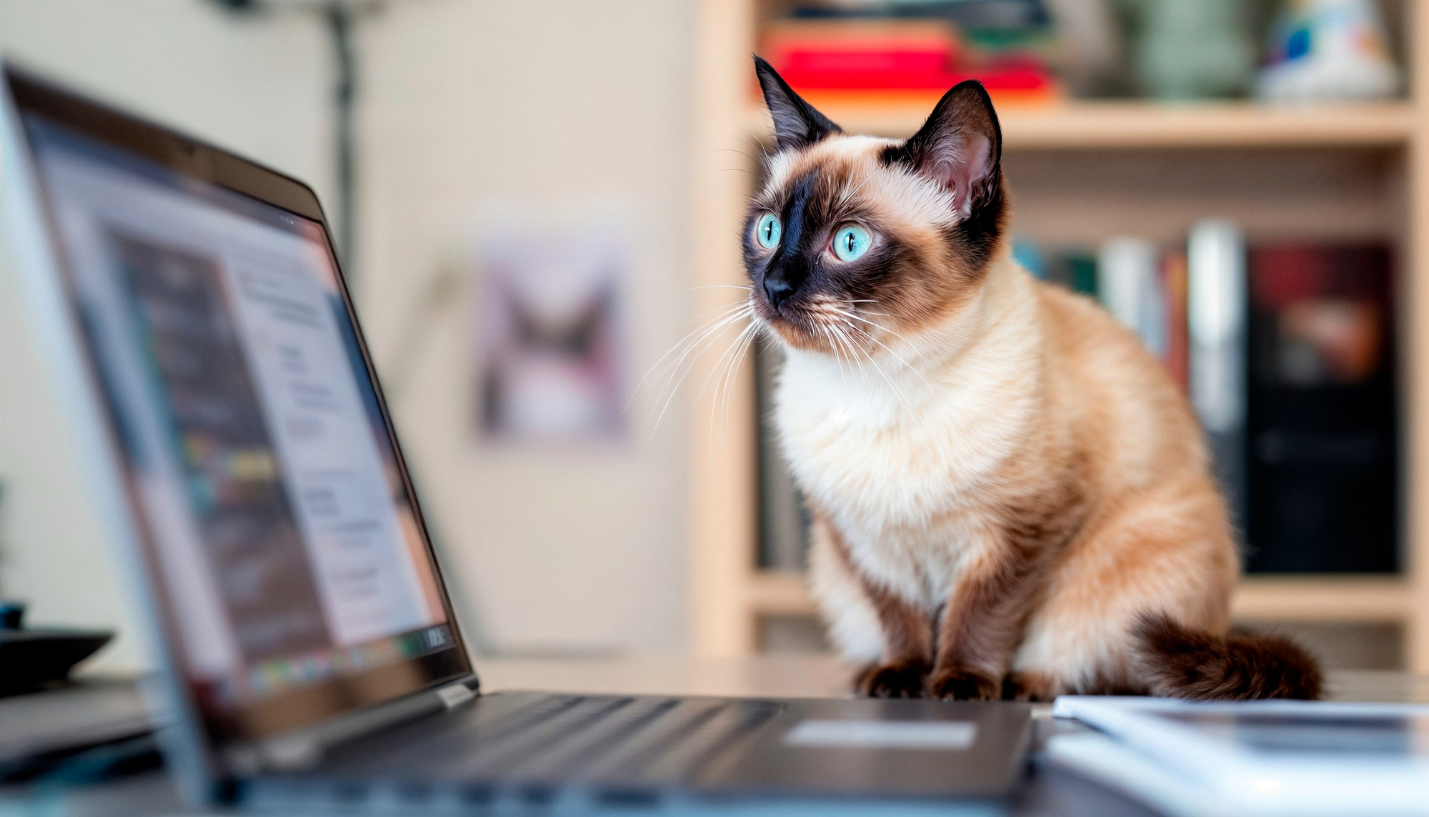 Chaton siamois devant un ordinateur